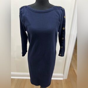 Talbots Navy Long Sleeve Dress with Navy and Gold Button Accents Medium